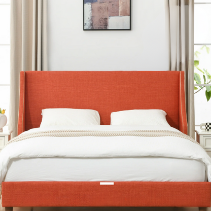 Elegant Linen Wingback Upholstered Platform Bed Frame – Luxurious Full Double Size Design with Gold Piping, Sturdy Support, and Effortless Assembly