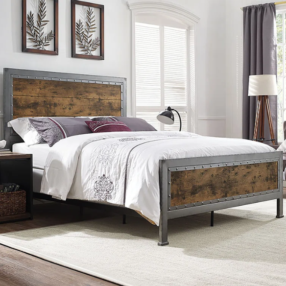 Rustic Industrial Queen Size Bed with Wood-Look Center – Sturdy and Stylish Design