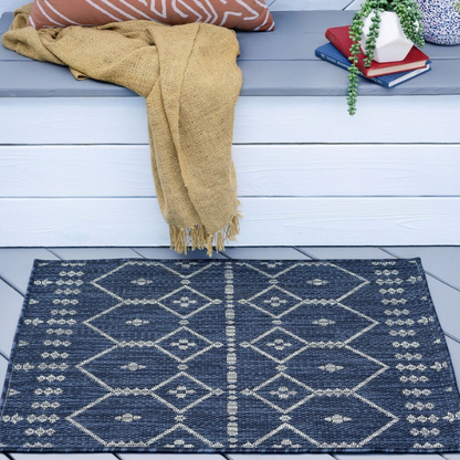 Boho-Inspired Navy & Grey Geometric Rug – Fade & Stain-Resistant, Low-Pile, Perfect for High-Traffic Indoor/Outdoor Spaces