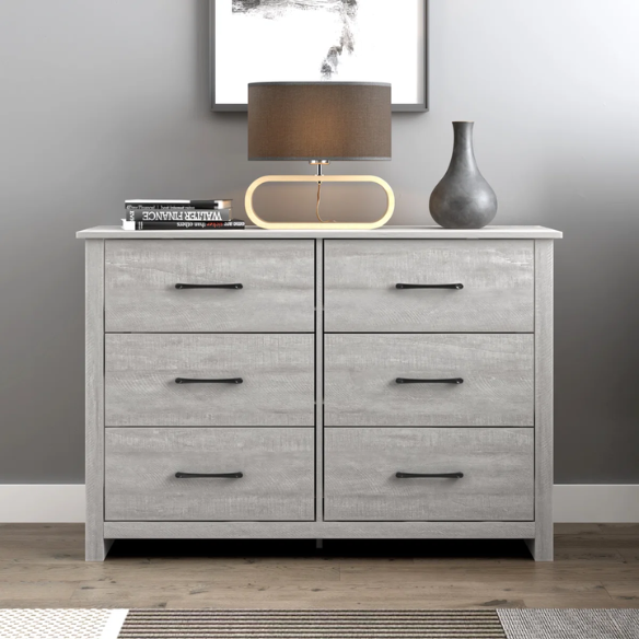 Modern 6-Drawer Double Dresser with Flared Feet and Sleek Black Metal Handles