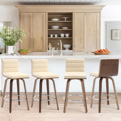 Mid-Century Modern Faux Leather Swivel Counter/Bar Stools – 360° Swivel, Padded PU Leather Seat & Back, Durable Bentwood Legs, Metal Footrest, Supports Up to 440lbs for Home Bar or Kitchen