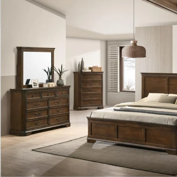 Traditional Wood Panel Bedroom Set with Dresser, Mirror, Nightstand, and Chest in Antique Walnut Finish