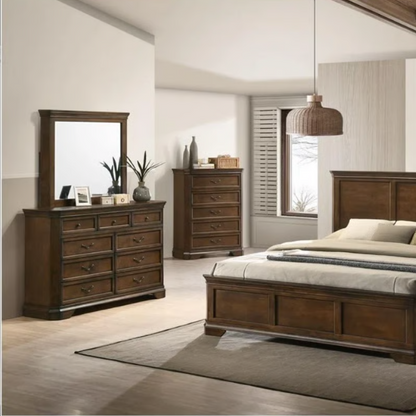 Traditional Wood Panel Bedroom Set with Dresser, Mirror, Nightstand, and Chest in Antique Walnut Finish
