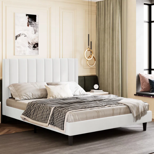 King Size Upholstered Platform Bed with Velvet Headboard, Foam Padding, and Noise-Free Construction for Ultimate Comfort
