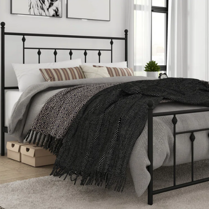 King Size Metal Open-Frame Platform Bed with Spindle Accents, Storage Footboard, and Slat Kit – No Box Spring Needed, Ideal for Farmhouse to French Country Styles