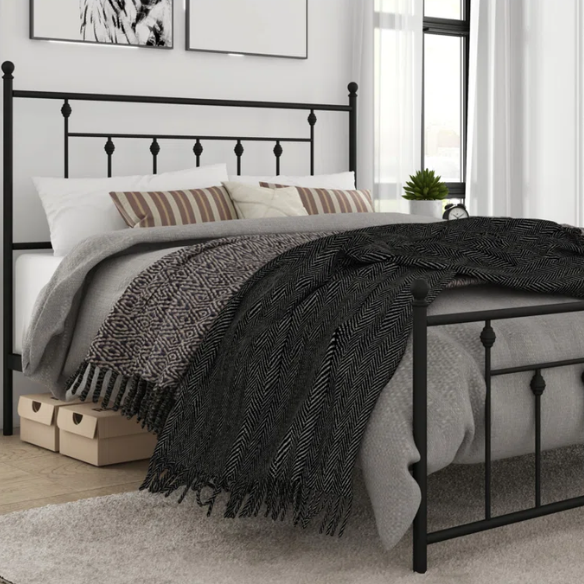 King Size Metal Open-Frame Platform Bed with Spindle Accents, Storage Footboard, and Slat Kit – No Box Spring Needed, Ideal for Farmhouse to French Country Styles