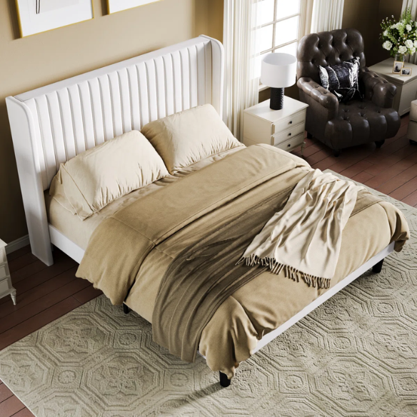 Luxurious King Size Upholstered Velvet Platform Bed with Modern Wingback Headboard – Heavy-Duty Steel Frame, No Box Spring Needed, and Ample Under-Bed Storage