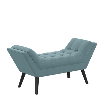 Blue tufted fabric bench with solid wood frame, modern design, and button-tufted upholstery for added comfort and style. Ideal for living room, bedroom, or entryway seating.