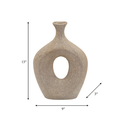 Abstract Sculptural Ceramic Vase with Unique Oval Cut-Out Design – 13" Modern Beaded Accent Vase for Tabletop or Shelf Décor, Ideal for Faux Florals and Statement Styling