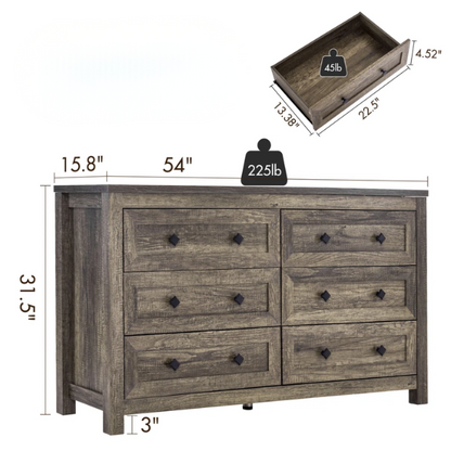 6-Drawer Dresser – A Perfect Blend of Rustic Charm and Industrial Elegance, Featuring a Clean-Lined Silhouette and Weathered Finish. Crafted from Solid and Engineered Wood