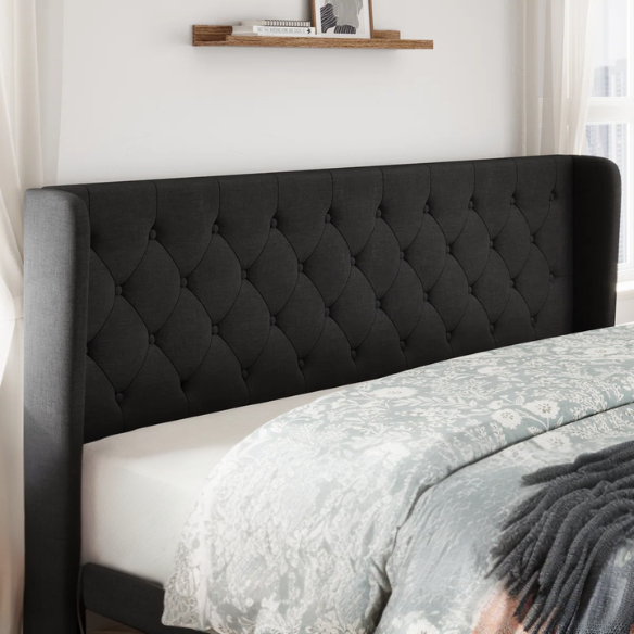 Luxurious King Size Upholstered Wingback Platform Bed with Button-Tufted Linen Fabric – Sturdy Wood Frame, High-Density Foam, and Ample Under-Bed Storage for a Stylish, Safe, and Comfortable Bedroom