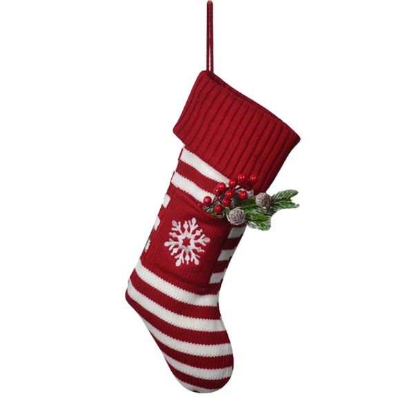 Red & White Striped Christmas Stocking with Embroidered White Snowflake – Holiday Decor & Gift Bag