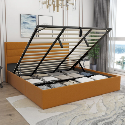 Elegant Hydraulic Lift Upholstered Storage Bed with Wingback Headboard, Linen Fabric, Button-Tufted Detailing, and Ample Under-Bed Storage for Bedding and Seasonal Items