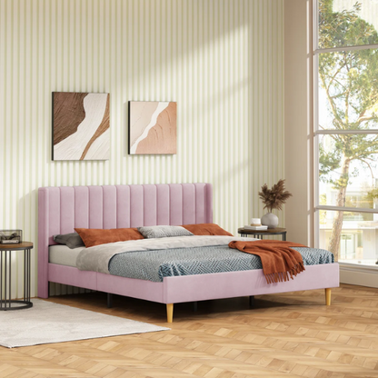 Luxury Corduroy Upholstered King Size Platform Bed Frame - Stylish Modern Wingback Design with Ultimate Comfort