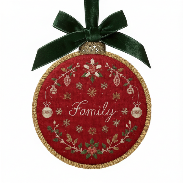 Family Christmas Ornament with Embroidered Holiday Design