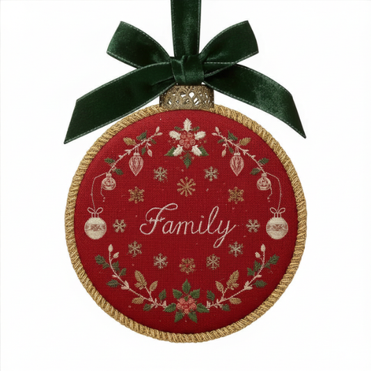 Family Christmas Ornament with Embroidered Holiday Design