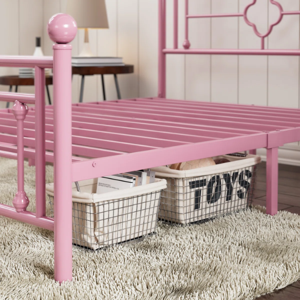 Elegant Metal Open-Frame Platform Bed with Quatrefoil Design and Classic Finial Posts – Timeless French Country Style with Under-Bed Storage