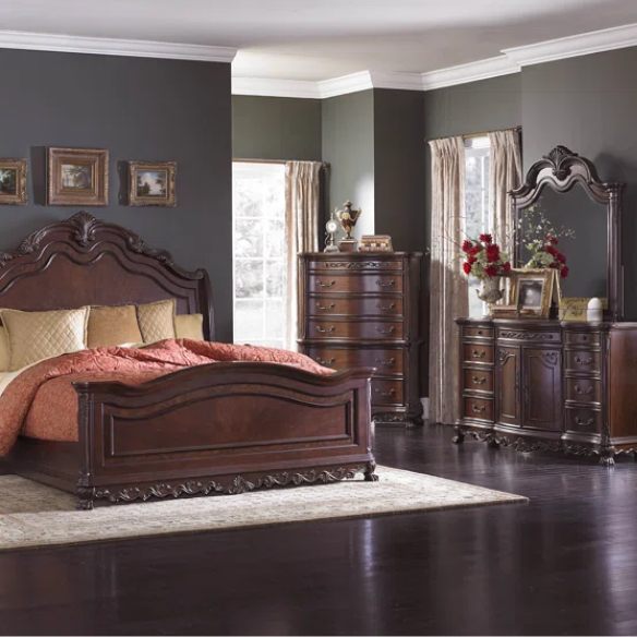 4-Piece Configurable Bedroom Set with Solid Cherry Wood Construction, Antique Walnut Veneer, Crown Molding, Carved Claw Feet, and Ample Storage - Includes Bed, Dresser, Nightstand, and Matching Mirror