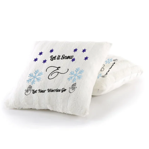 Let It Snow & Let Your Worries Go – Embroidered White Faux Fur Christmas Pillow