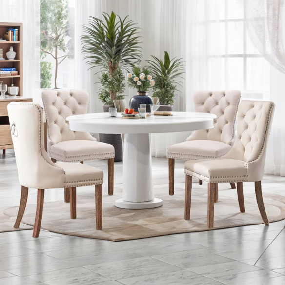 Upholstered Tufted Dining Chairs with Curved Back & Nailhead Detail – Set of 2