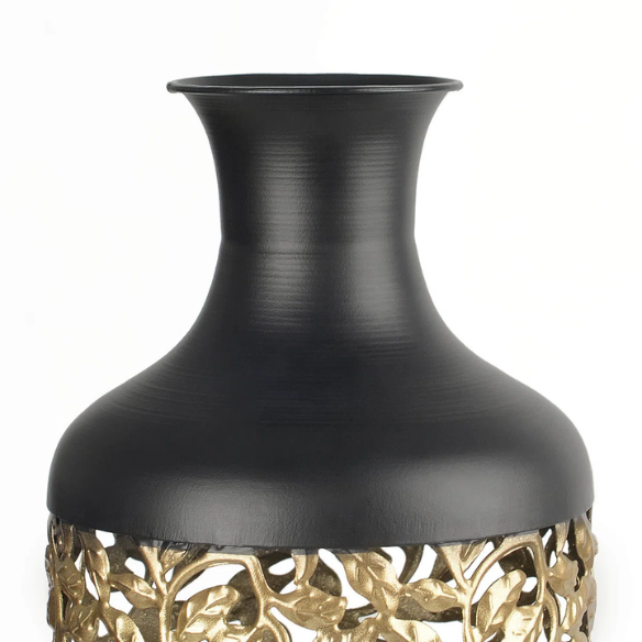 Elegant Matte Black Large Floor Vase Set (3-Piece) – Gold Baroque Vine Detailing, Metal Flower Vases for Sophisticated Home Décor