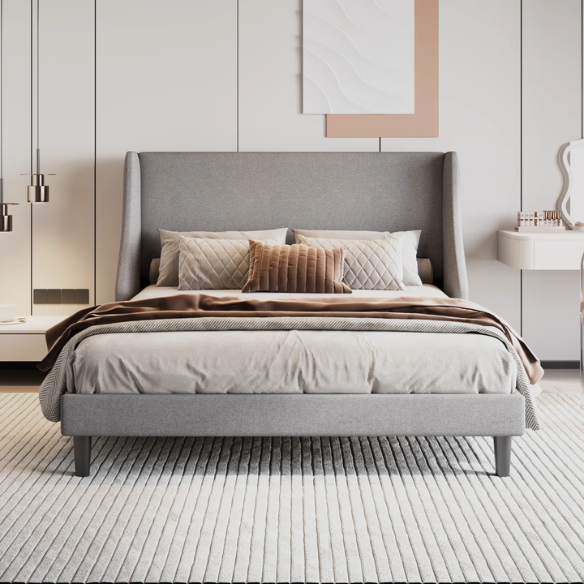 Modern Queen Size Upholstered Platform Bed with Deluxe Wingback and Linen Blend Fabric