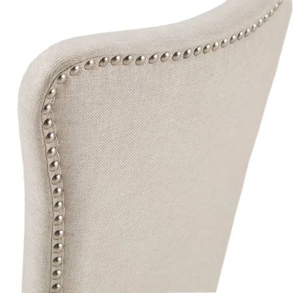 Beige Wingback Upholstered Dining Chairs – Set of 2, Nailhead Trim & Dark Cherry Legs