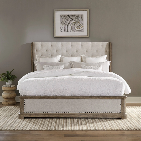 Timeless Elegance Barrigan 6-Piece King Panel Bed, Dresser, Mirror, Chest & Nightstand Set – Dusty Taupe Finish, Burnished Brass Accents, Full Extension Drawers, Cedar & Felt-Lined Drawers, Decorative Fretwork, and Built-in Charging Station