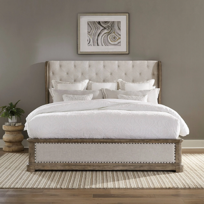 Timeless Elegance Barrigan 6-Piece King Panel Bed, Dresser, Mirror, Chest & Nightstand Set – Dusty Taupe Finish, Burnished Brass Accents, Full Extension Drawers, Cedar & Felt-Lined Drawers, Decorative Fretwork, and Built-in Charging Station