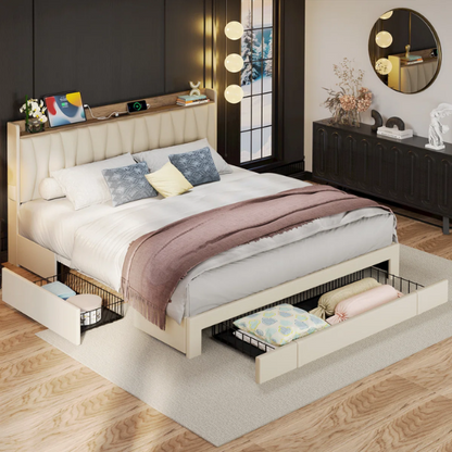 Modern Upholstered King Size Bed Frame with 3 Storage Drawers, Soft Foam Headboard, and Built-in Charging Station