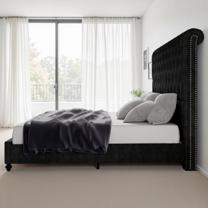 Luxurious Velvet Upholstered Sleigh Bed with Tufted Button and Gem-Accented Headboard