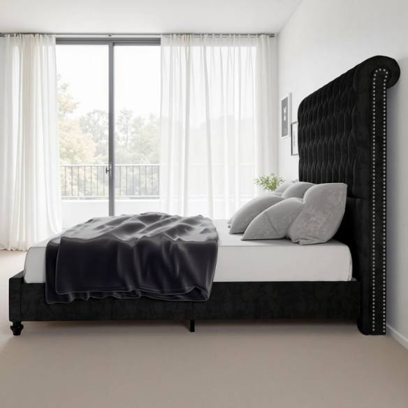 Luxurious Velvet Upholstered Sleigh Bed with Tufted Button and Gem-Accented Headboard