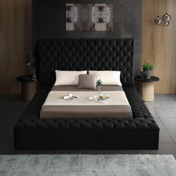 Elegant Velvet Upholstered King Size Platform Storage Bed with Tufted Headboard and Slats