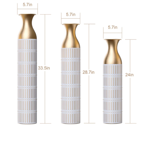 Elegant White and Gold Floor Vase Set (3-Piece) – Large Metal Vases with Embossed Stripe Pattern and Antique White Finish, Timeless Décor for Any Space