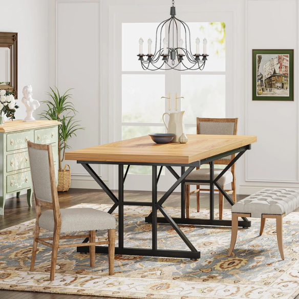 Farmhouse Dining Table for 6-8 People – Rectangular Wood Kitchen Table with X-Shaped Accents, Spacious & Multifunctional for Dining, Office, or Gathering