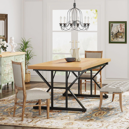 Farmhouse Dining Table for 6-8 People – Rectangular Wood Kitchen Table with X-Shaped Accents, Spacious & Multifunctional for Dining, Office, or Gathering