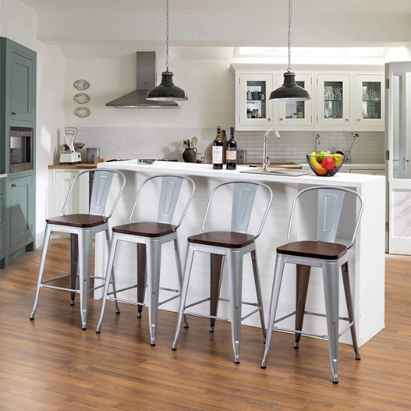 Set of 4 Farmhouse Counter Height Bar Stools – Rustic Industrial Style with Removable Backrest, Heavy-Duty Steel Frame, and Scratch-Resistant Finish