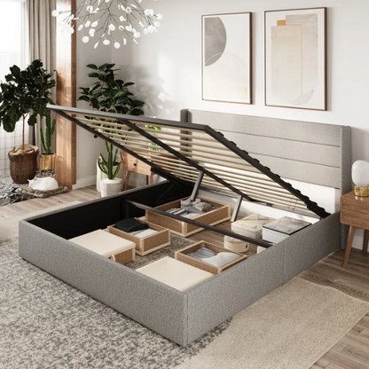 Modern King Size Upholstered Platform Bed with Hydraulic Lift Storage – Sleek Grooved Headboard, Space-Saving Design, and No Box Spring Needed