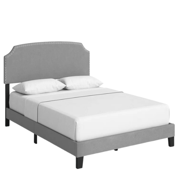 King Size Upholstered Standard Bed with Scooped Corner Headboard, Nailhead Trim, and Extra Support Feet – Classic Design with Adjustable Base Compatibility