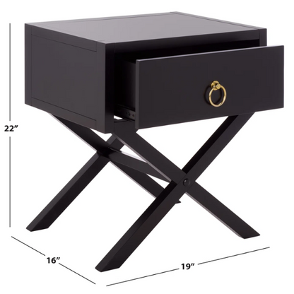 1-Drawer Nightstand – Classic Campaign Style with Contemporary Chic, Acacia Wood Frame, Cross-Base Design, Bold Finish, Gold Drawer Pull, Perfect for Modern Bedrooms