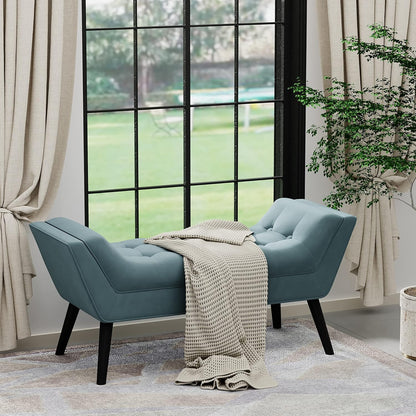 Blue tufted fabric bench with solid wood frame, modern design, and button-tufted upholstery for added comfort and style. Ideal for living room, bedroom, or entryway seating.