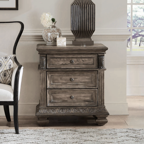 Brown & Beige King Poster Bedroom Set with Dresser, Mirror, Chest & Nightstand – Rustic Hickory Veneers, Sand Linen Upholstery, Antique Brass Accents