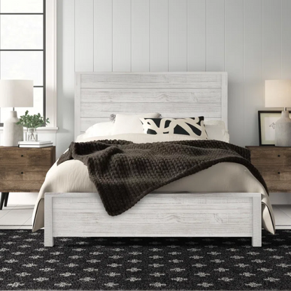 Rustic Solid Pine Wood King Size Panel Bed with Distressed Finish and Streamlined Headboard