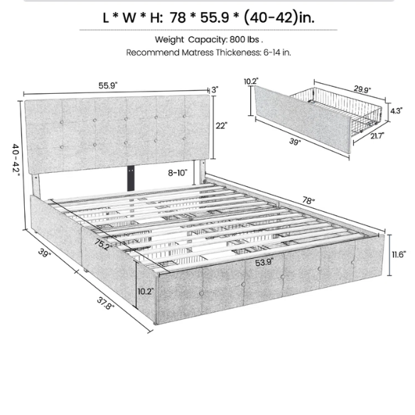Button Tufted Upholstered Platform Storage Bed – Full Double Size with Spacious Drawers
