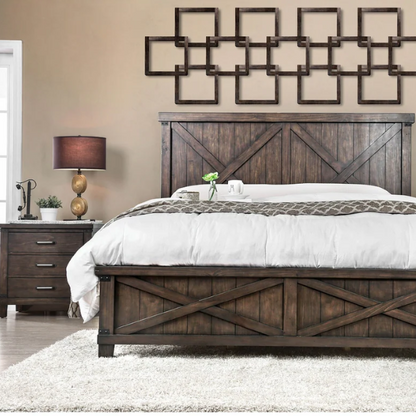 Rustic Dark Walnut 2-Piece Queen Bed and Nightstand Set – Country-Inspired Charm with X-Detail Panel Design and Metal Accents