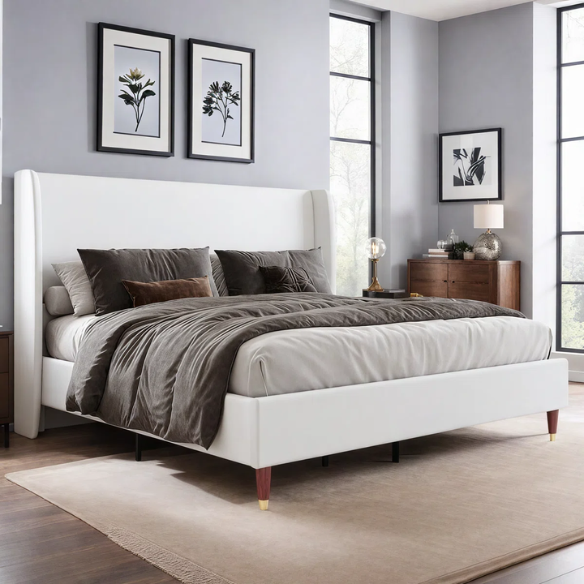Queen Size Sleek and Minimalist Upholstered Platform Bed with Soft Linen Fabric – Elegant and Modern Design