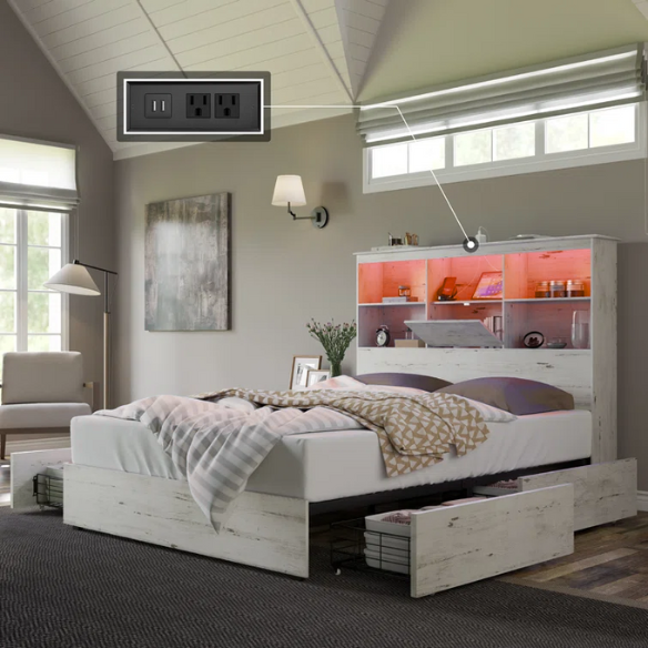 Innovative LED Bookcase Bed – Full/Double Size with Built-In Storage, Sleek Design, and LED Lighting for Modern Living
