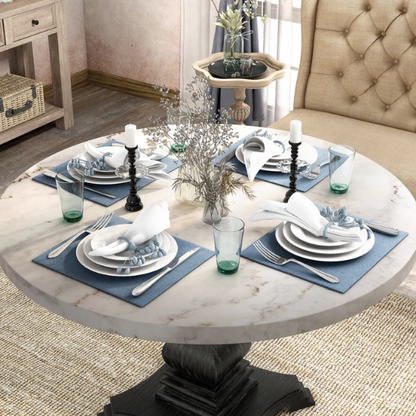 48-inch Round Black and White Marble Pedestal Dining Table – Rustic White with Antique Black Finish, Geometric Carved Base, Ideal for Modern Farmhouse Dining