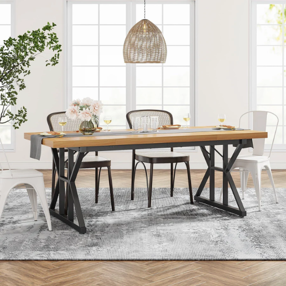 Farmhouse Dining Table for 6-8 People – Rectangular Wood Kitchen Table with X-Shaped Accents, Spacious & Multifunctional for Dining, Office, or Gathering