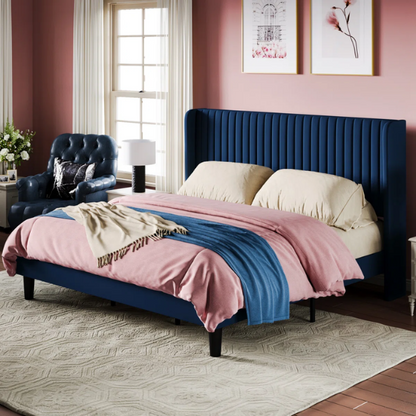 Luxurious King Size Upholstered Velvet Platform Bed with Modern Wingback Headboard – Heavy-Duty Steel Frame, No Box Spring Needed, and Ample Under-Bed Storage
